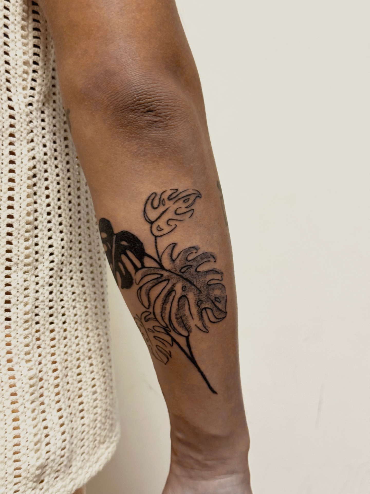 Monstera leaves in mixed fine line and dotwork tattooed along a forearm
